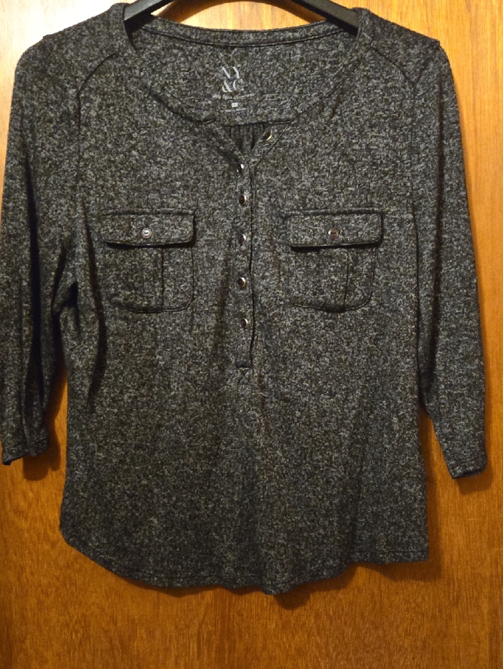 New York & Company Charcoal Snap Henley Long Sleeve Top